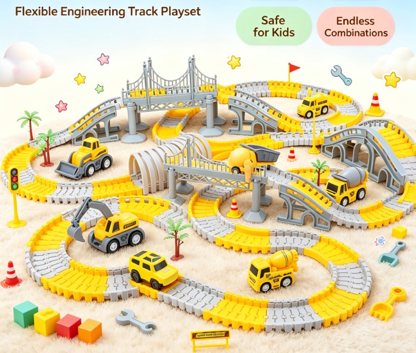 Kids Electric Track Car & Engineering Speedway Set - DIY Assembled Racing Track & Obstacle Challenge Toys for Boys