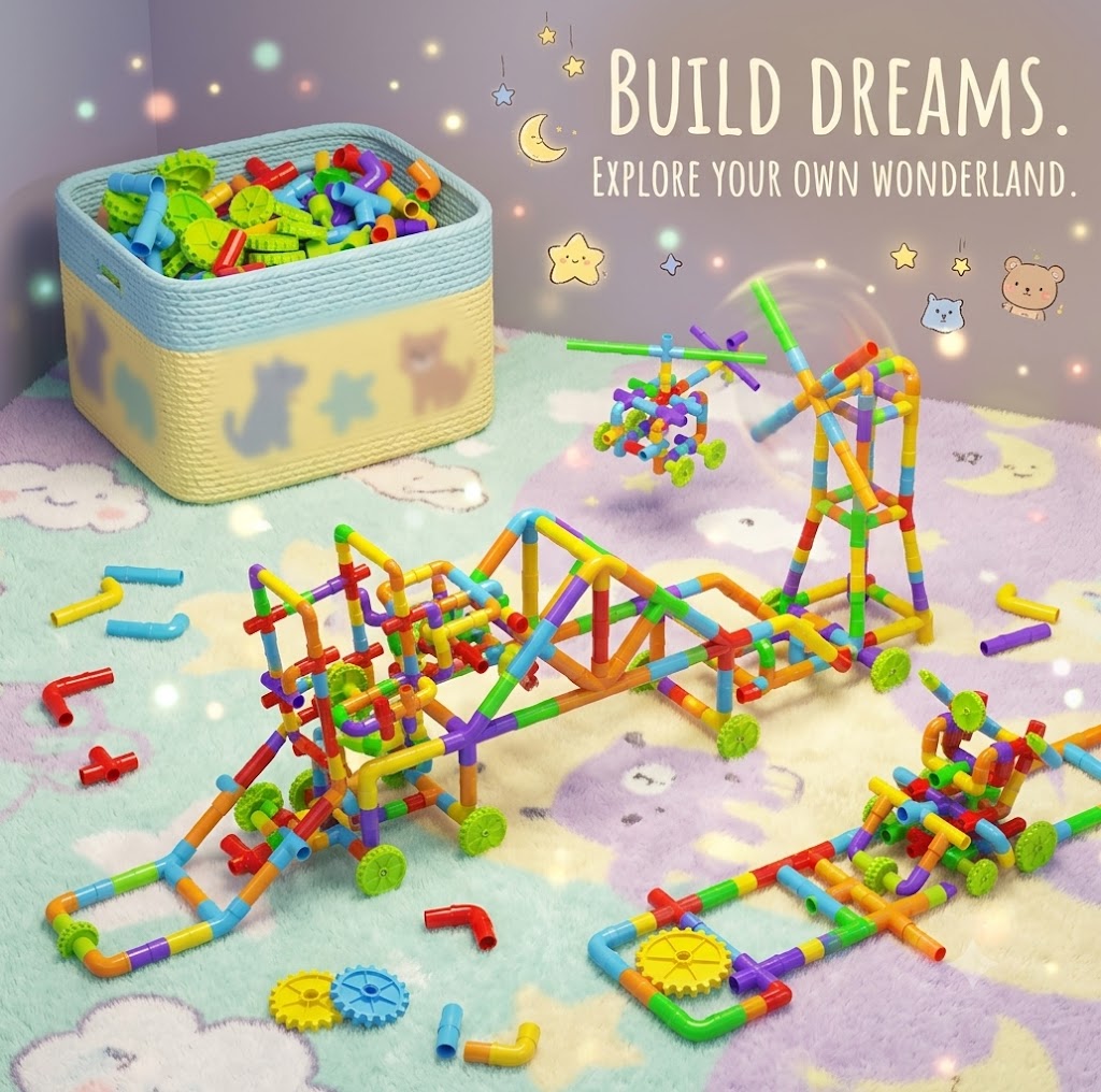 Colorful Pipe Building Block Toys with Wheels & Base - Creative STEM Educational Construction Set for Kids