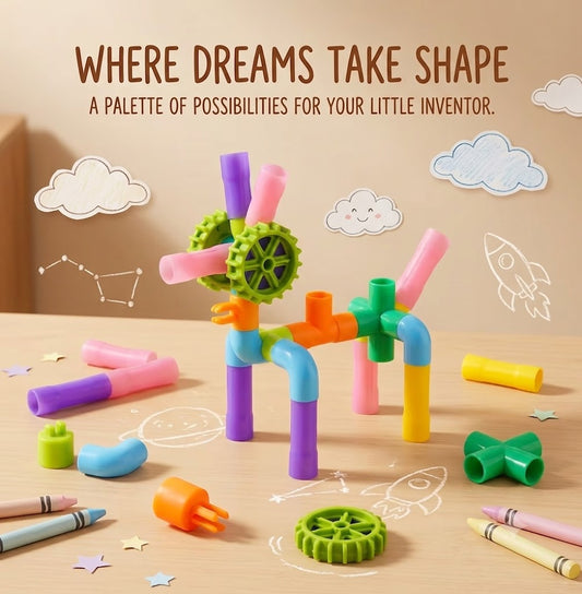 Colorful Pipe Building Block Toys with Wheels & Base - Creative STEM Educational Construction Set for Kids