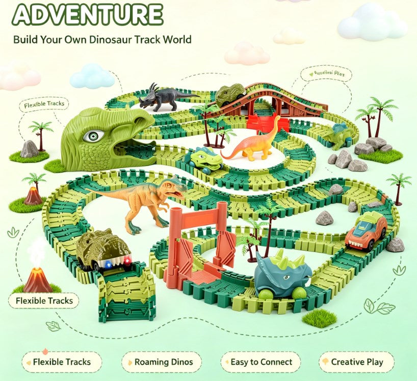 Flexible Dinosaur Race Car Track & Bridge Set - DIY Bendable Speedway Toys with Dino Figures for Kids