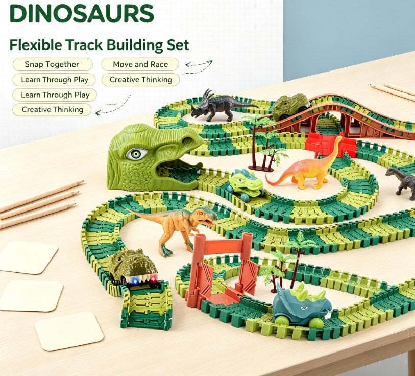 Flexible Dinosaur Race Car Track & Bridge Set - DIY Bendable Speedway Toys with Dino Figures for Kids