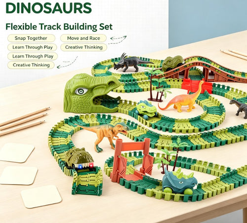 Flexible Dinosaur Race Car Track & Bridge Set - DIY Bendable Speedway Toys with Dino Figures for Kids