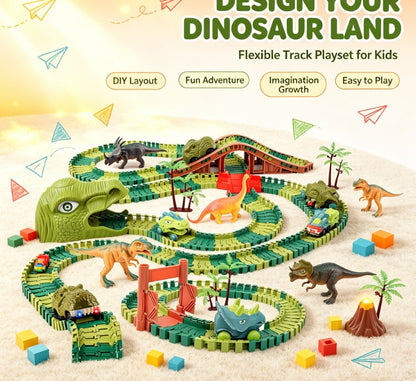 Flexible Dinosaur Race Car Track & Bridge Set - DIY Bendable Speedway Toys with Dino Figures for Kids
