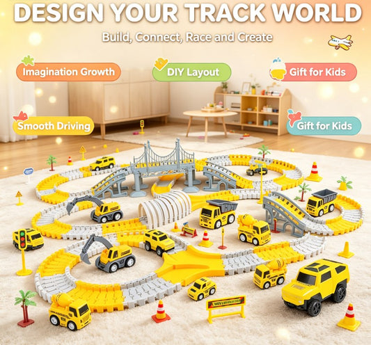 Kids Electric Track Car & Engineering Speedway Set - DIY Assembled Racing Track & Obstacle Challenge Toys for Boys