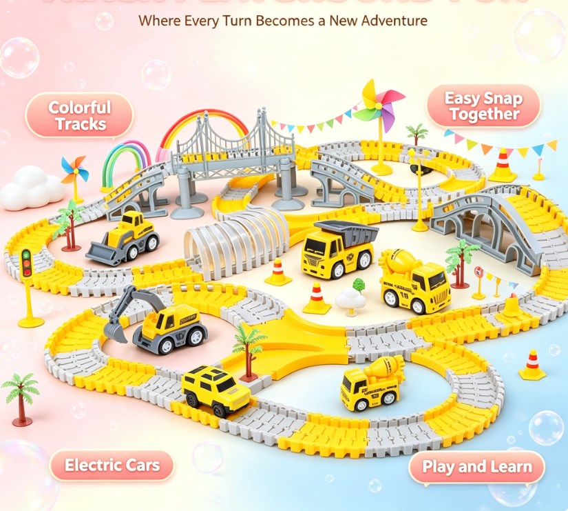 Kids Electric Track Car & Engineering Speedway Set - DIY Assembled Racing Track & Obstacle Challenge Toys for Boys