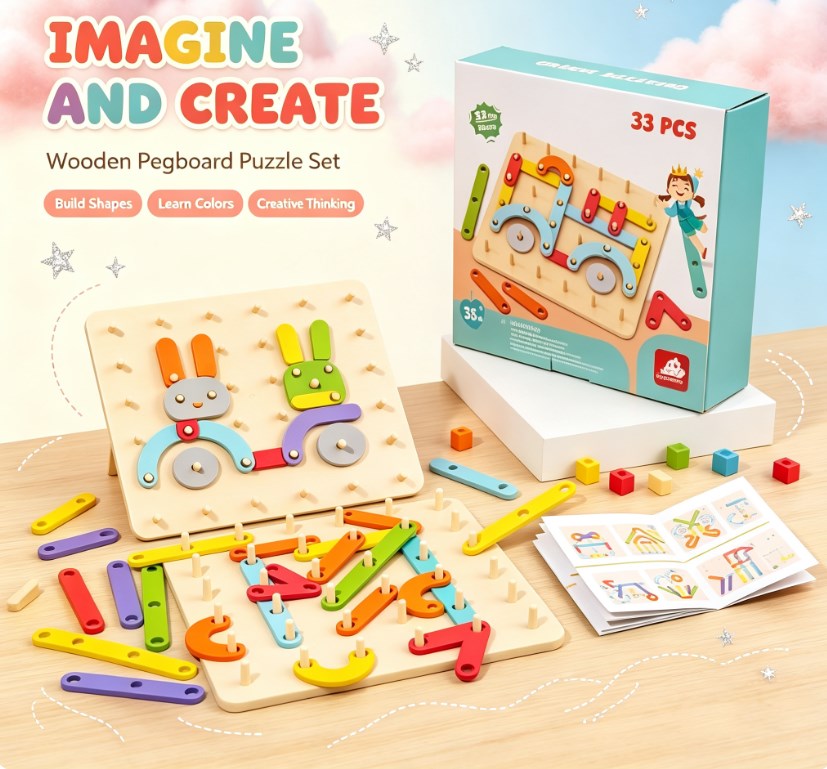 Kids Wooden Letter & Number Geoboard Toy - Creative Shape Puzzle & Sensory Development Learning Set