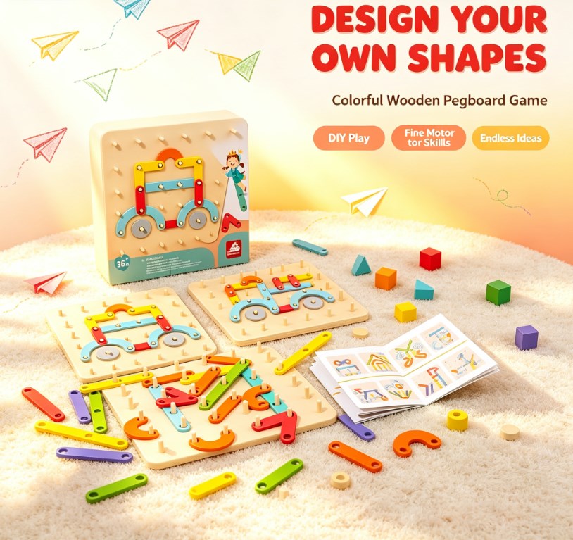 Kids Wooden Letter & Number Geoboard Toy - Creative Shape Puzzle & Sensory Development Learning Set